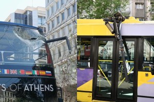 Πανεπιστημίου: Έτσι έγινε το ατύχημα με το τρόλεϊ - Σοκάρει η εικόνα του πεσμένου καλωδίου και το σπασμένο τζάμι του τουριστικού λεωφορείου (photos)