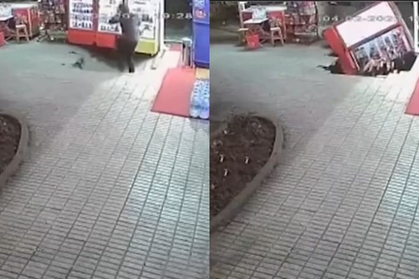 Σοκαριστικό βίντεο! Βγήκε από το μίνι μάρκετ και υποχώρησε το έδαφος από κάτω του (video)
