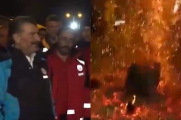 Σοκαριστικό βίντεο: Σόμπα εξερράγη δίπλα στον υπουργό Υγείας της Τουρκίας σε καταυλισμό σεισμόπληκτων