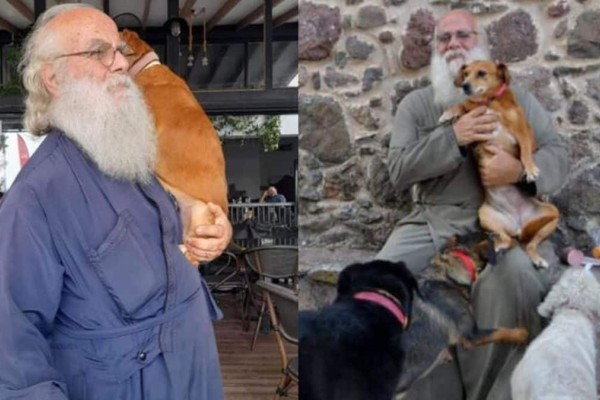 Ένας άγιος άνθρωπος: Παπάς κουβαλάει στα χέρια μια σκυλίτσα που έχει πρόβλημα με τη μέση της