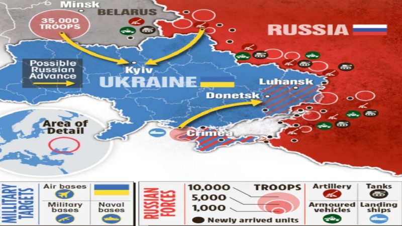 Χάρτης με τα σενάρια ρωσικής εισβολής με ταυτόχρονες επιθέσεις που επεξεργάστηκε η βρετανική εφημερίδα The Sun βάσει πληροφοριών δυτικών μυστικών υπηρεσιών