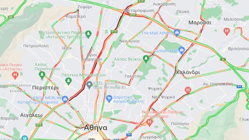 Χάρτης με την κίνηση στους δρόμους της Αθήνας