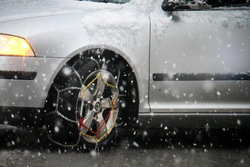 Αντιολισθητικές αλυσίδες σε αυτοκινητο εν μέσω χιονιά