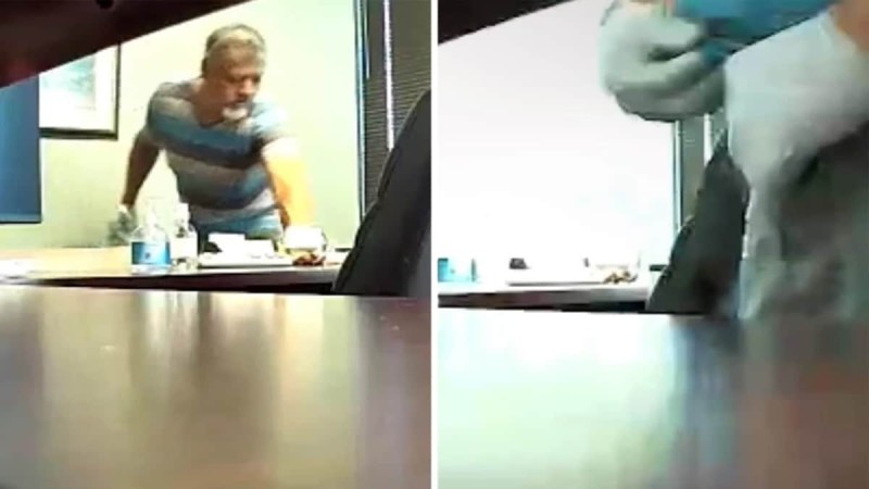 Επιστάτης έπαιρνε το μπουκαλάκι με το νερό γυναίκας στο γραφείο - Η κρυφή κάμερα αποκάλυψε την «άρρωστη» πράξη του (video)