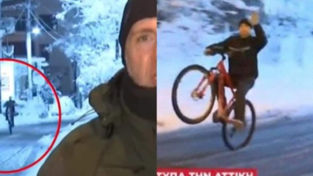 Ποδηλάτης έκανε σούζες στα χιόνια, πίσω από δημοσιογράφο που ήταν live στο δελτίο του ΣΚΑΪ