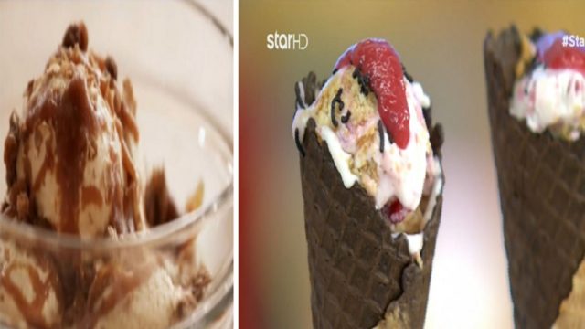 Παγωτό Cheesecake με φράουλες και συνταγή για σπιτικό παγωτό σοκολάτα-καραμέλα-βανίλια (Video)