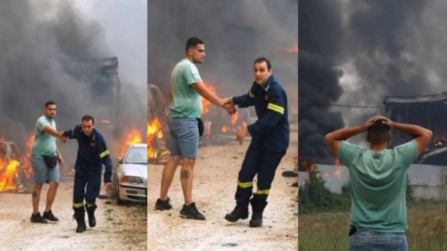 Φωτιά στην Αττική: Πυροσβέστης «παίρνει σηκωτό» ιδιοκτήτη μάντρας αυτοκινήτων που τυλίγεται στις φλόγες