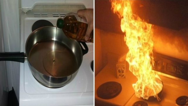 Προσοχή! Μην σβήνετε την φωτιά σε τηγάνι με καυτό λάδι πετώντας νερό! Μπορεί να συμβεί…