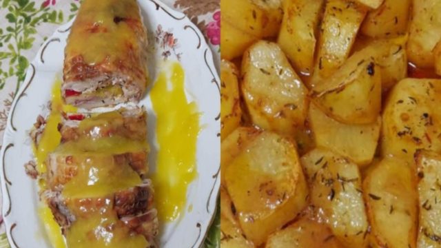 Ρολό κοτόπουλο με σάλτσα πορτοκάλι και μελωμένες πατάτες φούρνου