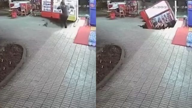 Σοκαριστικό βίντεο! Βγήκε από το μίνι μάρκετ και υποχώρησε το έδαφος από κάτω του (video)