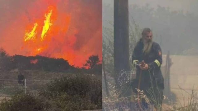 Φωτιά στη Λέσβο: Ιερείς στη μάχη με τις φλόγες – Με πυροσβεστικά ρούχα πάνω από τα ράσα (video)