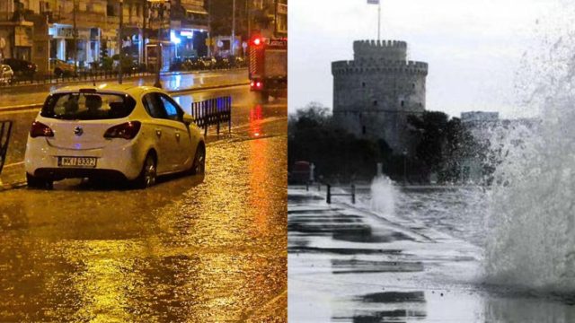 Κακοκαιρία: Πλημμύρισαν ξανά δρόμοι στη Θεσσαλονίκη – Αυτοκίνητο «καρφώθηκε» σε κατάστημα