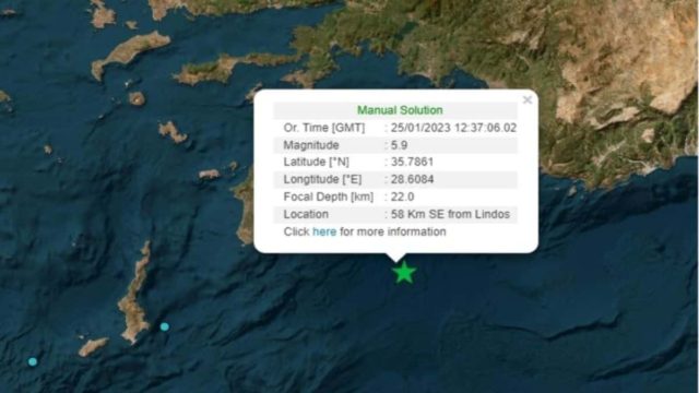 Ισχυρός σεισμός 5,9 Ρίχτερ στη Ρόδο – Στα 10 χλμ το εστιακό βάθος