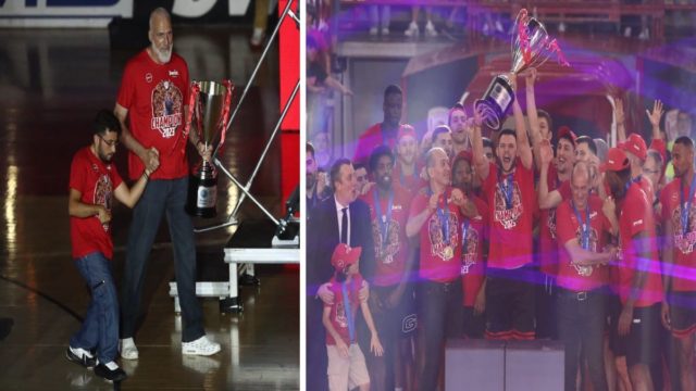 Basket League: Πρωταθλητής Ελλάδας για 14η φορά ο Ολυμπιακός! Η συγκινητική στιγμή που ο Αργύρης Καμπούρης μαζί με νεαρό φίλο της ομάδας με κινητικά προβλήματα μετέφεραν την κούπα στο βάθρο (Video)