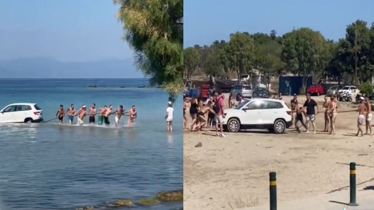 Viral σκηνικό στην Αίγινα: Αμάξι πήγε για…μπάνιο στην θάλασσα – Έφτιαξαν ανθρώπινη αλυσίδα για να το βγάλουν (video)