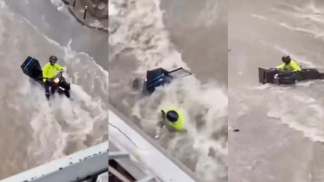 Δεν παραγγέλνουμε όταν έχει κακοκαιρία: Διανομέας ντελίβερι παρασύρεται από ορμητικά νερά