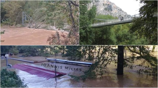 Άσχημη η εικόνα στην κοιλάδα των Τεμπών: Στα 18 μέτρα τα νερά – Βυθίστηκε η εκκλησία της Αγίας Παρασκευής, αχνοφαίνεται η κρεμαστή γέφυρα (photos)