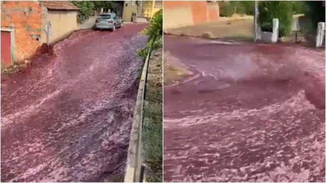 Απίστευτο θέαμα στην Πορτογαλία: Πόλη «πλημμύρισε» από κόκκινο κρασί – Πάνω από 2 εκατομμύρια λίτρα στους δρόμους (video)