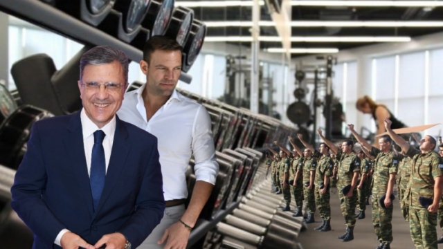 Γιώργιος Αυτιάς και Στέφανος Κασσελάκης διασταυρώνουν τα ξίφη τους με φόντο το γυμναστήριο και τον στρατό