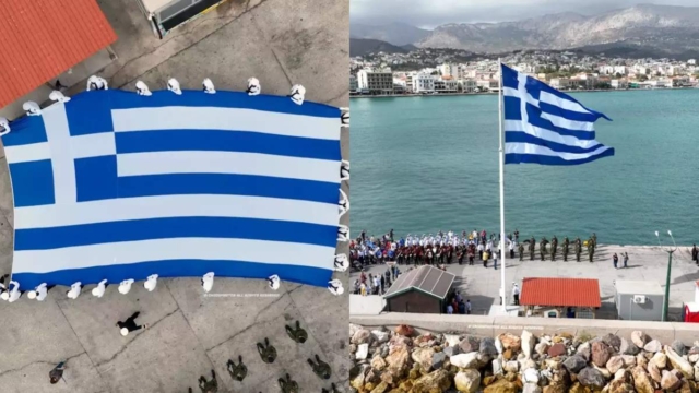 Στα ουράνια η γαλανόλευκη: Υψώθηκε γιγαντιαία ελληνική σημαία με τις αρμόζουσες τιμές στο λιμάνι της Χίου