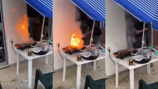 Θεσσαλονικιός ψήστης βάζει φωτιά, οι μπριζόλες φλέγονται και τις σβήνει με μπουκαλάκι νερό! (video)