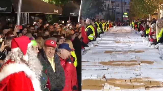 Βασιλόπιτα «ρεκόρ» στο Περιστέρι: Έφτασε το μήκος ενός πεζοδρομίου και ζύγιζε 9 τόνους (video)