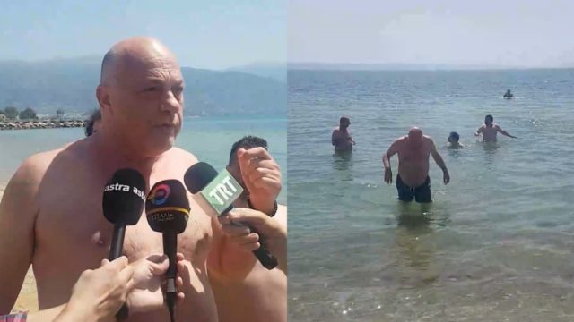 Δροσερός Αχιλλέας Μπέος… για επιθεώρηση: Πήγε να ελέγξει την παραλία με μαγιό κι έκανε το συμβολικό του πρώτο μπάνιο