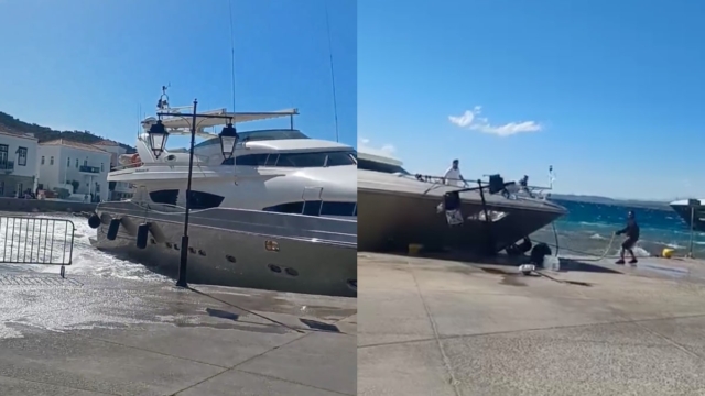 Συναγερμός στις Σπέτσες: Θαλαμηγός χτύπησε στην προβλήτα του λιμανιού λόγω των δυνατών ανέμων