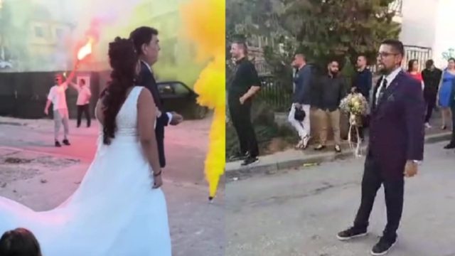 Τους ενώνει η «κίτρινη» αγάπη: Ζευγάρι ΑΕΚτζήδων έκανε χαμό στο γάμο τους – «Δικέφαλε θα τρέλαθω» (video)
