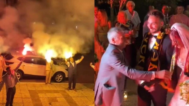 Έκαναν την εκκλησία… Νέα Φιλαδέλφεια: Ζευγάρι παντρεύτηκε με τα κασκόλ της ΑΕΚ! Καπνογόνα και συνθήματα παντού (video)