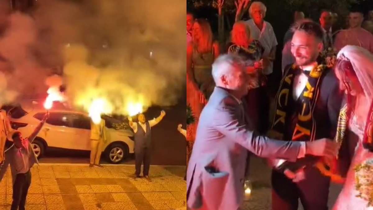 Έκαναν την εκκλησία… Νέα Φιλαδέλφεια: Ζευγάρι παντρεύτηκε με τα κασκόλ της ΑΕΚ! Καπνογόνα και συνθήματα παντού (video)