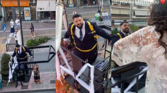 Καψούρης γαμπρός ανεβαίνει με γερανό στο μπαλκόνι της νύφης για να της κάνει καντάδα ανήμερα του γάμου τους! (video)