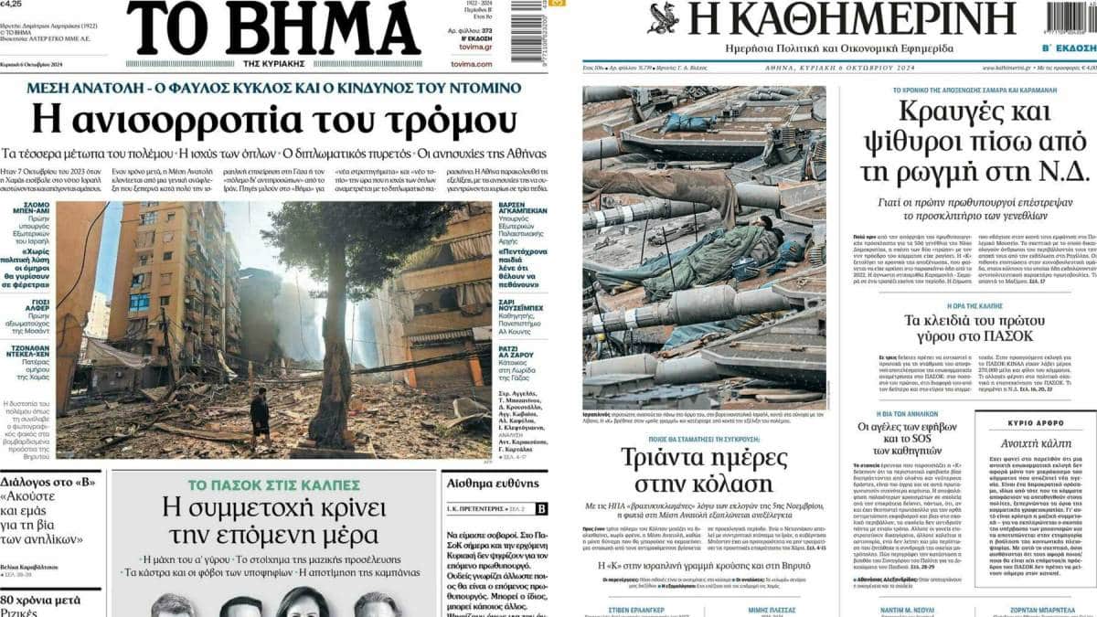 Η ανισορροπία του τρόμου, η ρωγμή στη ΝΔ και το Do or Die του ΠΑΣΟΚ: Τα πρωτοσέλιδα των εφημερίδων (06/10)