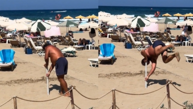 «Δάκρυσε» από τα γέλια όλο το TikTok: Άνδρας προσπαθεί να στήσει την ομπρέλα του στην άμμο και αρχίζει τα… ακροβατικά (video)