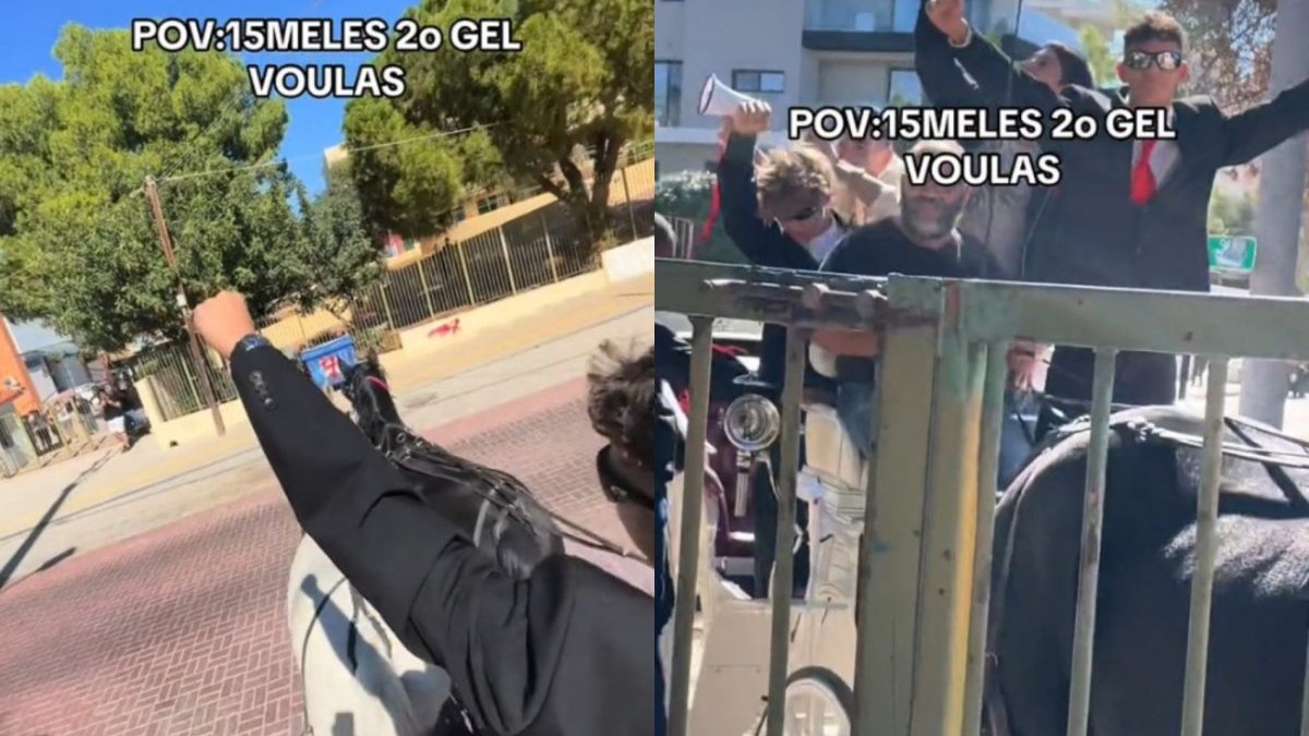 Θεαματική είσοδος: Μαθητής – υποψήφιος 15μελούς πήγε στο σχολείο με… άμαξα που σέρνουν άλογα (video)