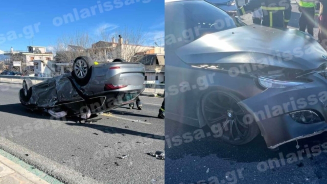 Σοβαρό τροχαίο στην Λάρισα: Όχημα ανετράπη μετά από σύγκρουση στη μέση του δρόμου – 4 τραυματίες