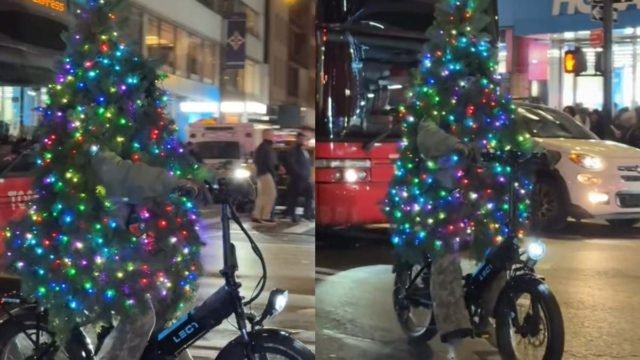 «Αχάμπαρος»: Τύπος κόβει βόλτες με το ποδήλατο ντυμένος… χριστουγεννιάτικο δέντρο! (video)