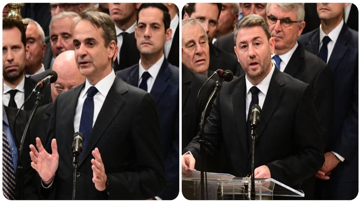 Κηδεία Κώστα Σημίτη: Κ. Μητσοτάκης και Ν. Ανδρουλάκης χαιρετούν από κοινού τον εκλιπόντα πρώην Πρωθυπουργό