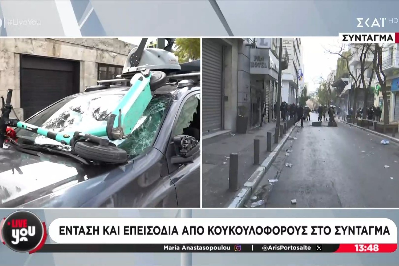 Επεισόδια στο Σύνταγμα: Έσπασαν το όχημα του ΣΚΑΪ και διέλυσαν το μαγαζάκι με τα λουλούδια στη Βουλή!