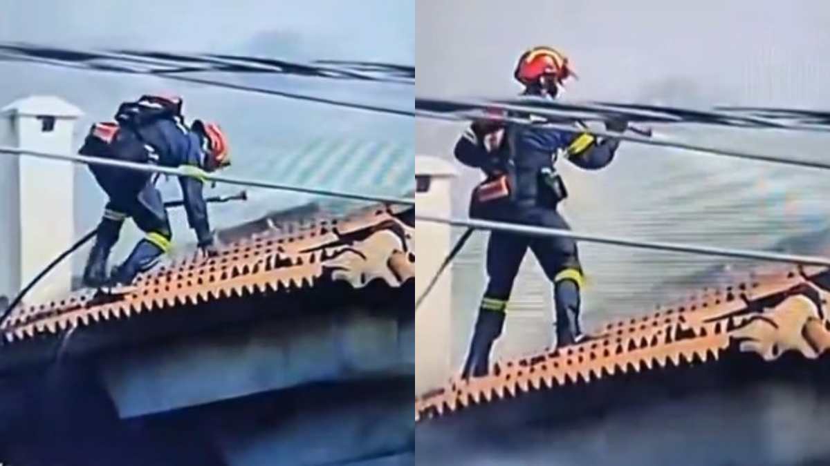 Φωτιά στη Παλαιά Φώκαια: Η συγκλονιστική στιγμή που πυροσβέστης ανεβαίνει στη σκεπή φλεγόμενου σπιτιού (video)