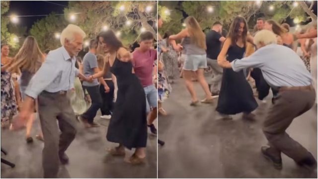 Και φέτος ο 92χρονος Γιώργος Κωβαίος χόρεψε με την αγαπημένη του εγγονή σε γλέντι στη Σχοινούσα