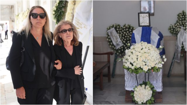 Οδύνη στην κηδεία του Δημήτρη Κωνσταντάρα: Υποβασταζόμενη η σύζυγός του από την κόρη τους