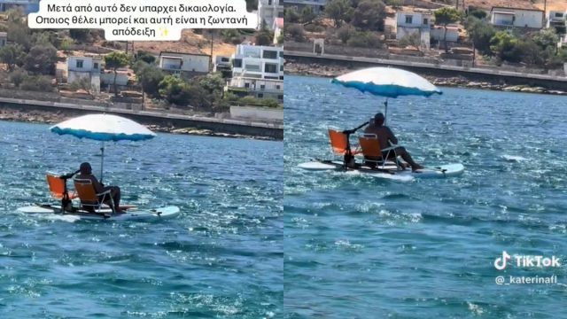Η απόλυτη ελληνική πατέντα: Άνδρας έβαλε μηχανή βάρκας στο sup, εγκατέστησε καρέκλες και ομπρέλα και έκανε βόλτες στη θάλασσα