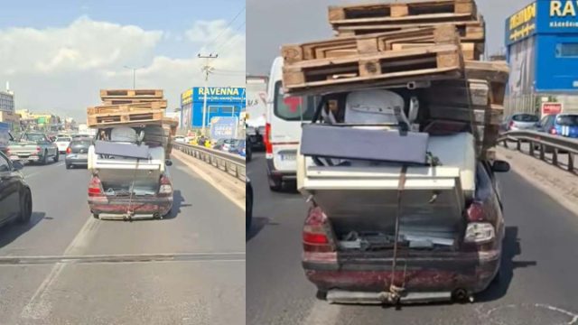 «Έγκλημα» στον Κηφισό: Οδηγός Ρομά μεταφέρει παλέτες, καρέκλες και ψυγείο με το κατεστραμμένο ΙΧ του (video)