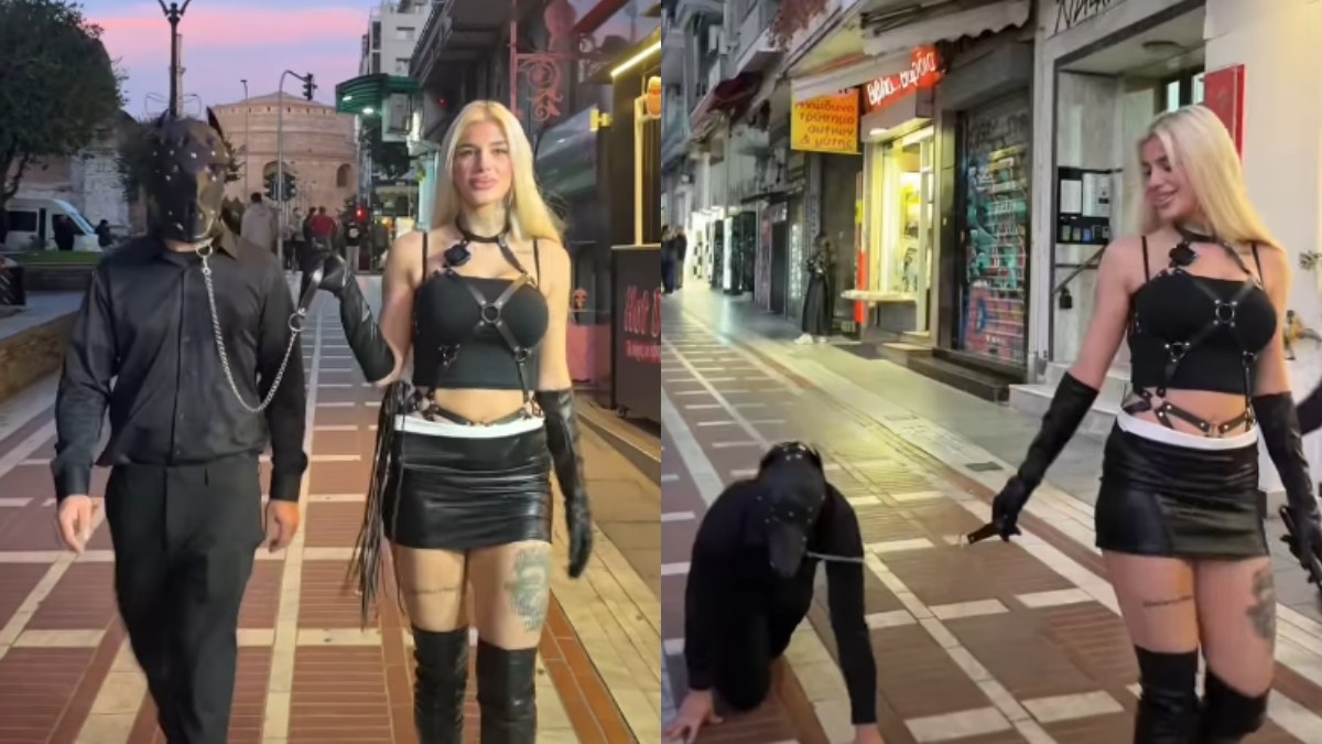 Έβγαλε τον σύντροφό της βόλτα με λουρί και μάσκα σκύλου – «Πάγωσε» η Θεσσαλονίκη