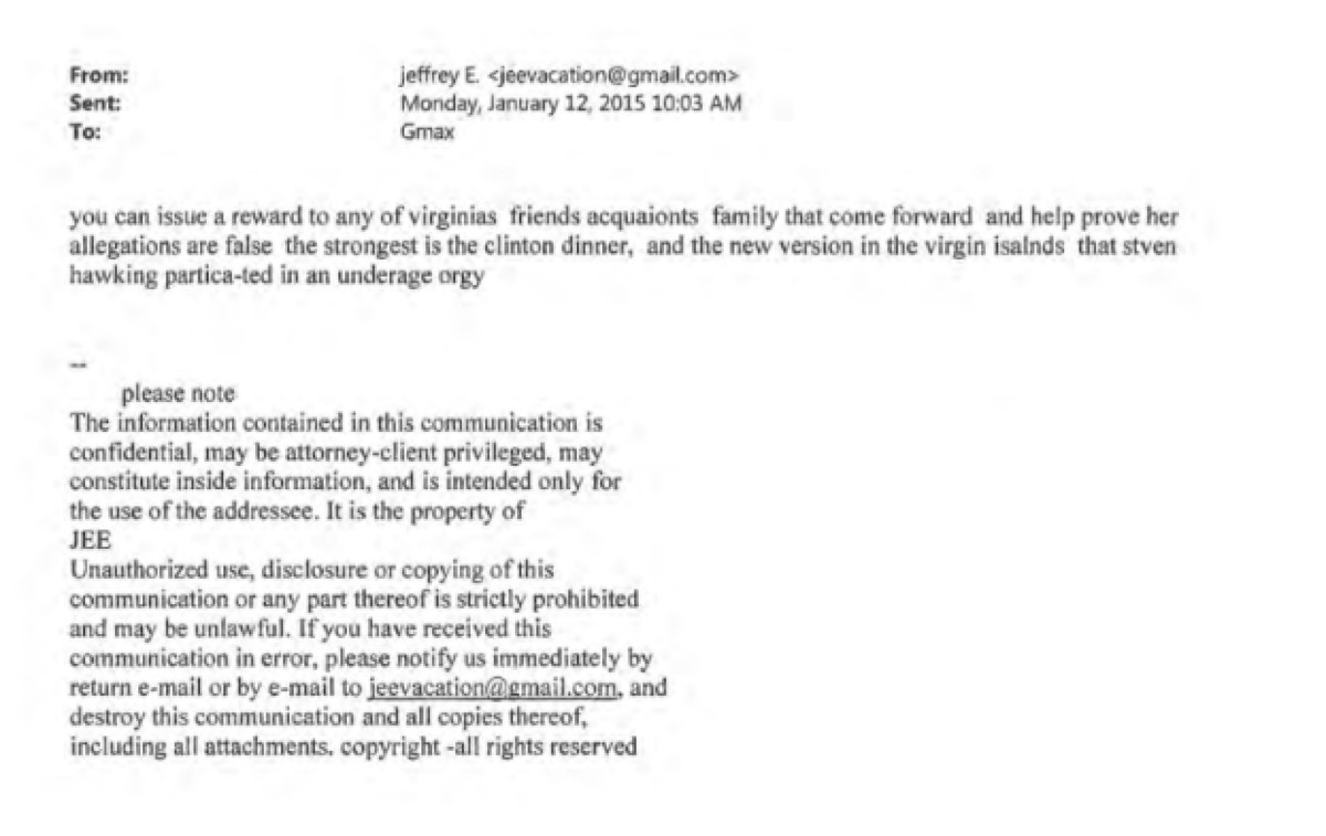 Ένα email που έστειλε ο Έπσταϊν στη Μάξγουελ το 2015, το οποίο αναφέρεται στον Χόκινγκ