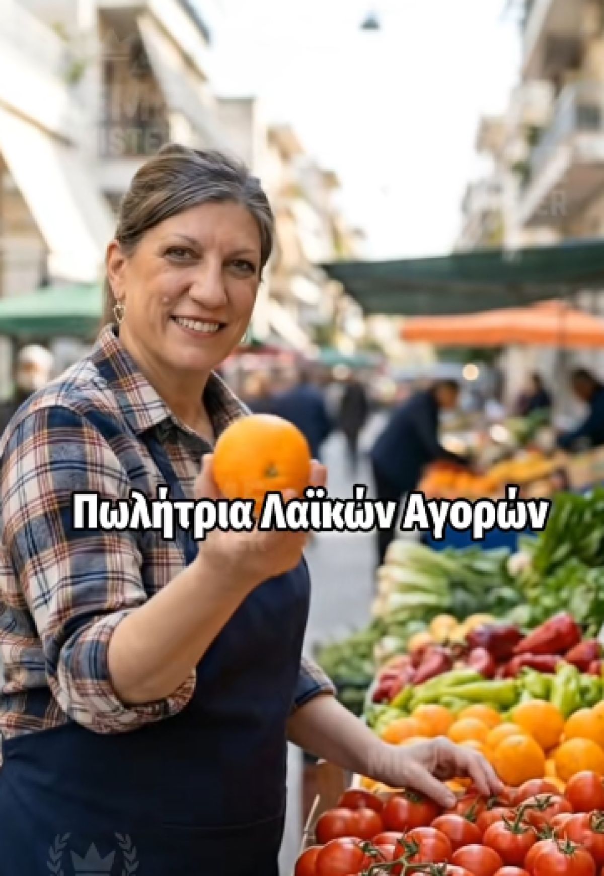 Ψηφιακή απεικόνιση της Ζωής Κωνσταντοπούλου να στέκεται πίσω από έναν πάγκο με φρούτα και λαχανικά σε λαϊκή αγορά, μιλώντας έντονα στους πελάτες