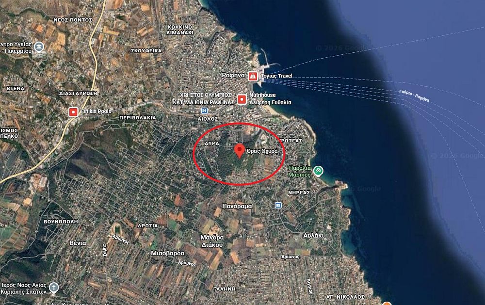 Στον κόκκινο κύκλο που βρίσκεται το καταφύγιο στη Ραφήνα