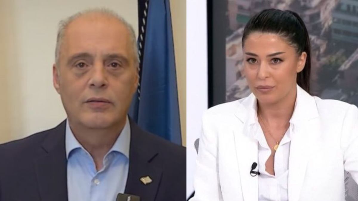 Φωτογραφικό κολάζ με την Αφροδίτη Λατινοπούλου και τον Κυριάκο Βελόπουλο σε πολιτική αντιπαράθεση
