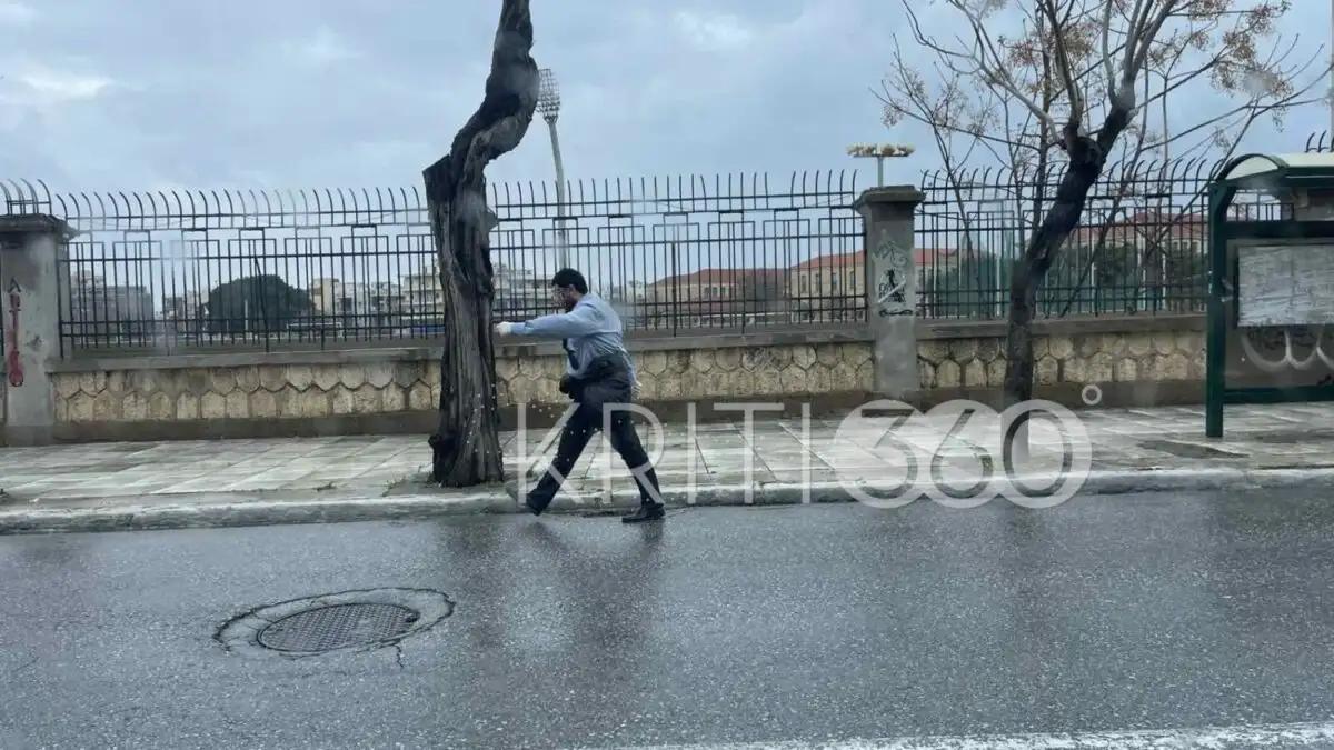 25η Μαρτίου στα Χανιά: Η κακοκαιρία ακύρωσε τους εορτασμούς αλλά δεν σταμάτησε έναν άνθρωπο από το να παρελάσει  – Δείτε βίντεο
